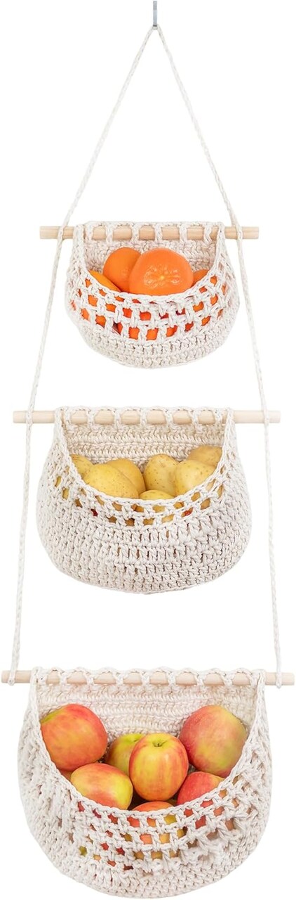 Cotton Fruit Basket, Handmade Hanging Fruit Basket 3 tier, Kitchen Storage, and Home Storage, Vegtable Wall Hanger, Macrame Decor (White)